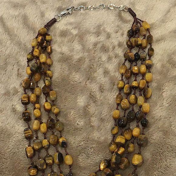 VINTAGE Faceted Tigers Eye Sterling Silver Four Strand Necklace - Picture 4 of 12